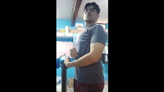 Strong Mexican Man with Huge Hairy Cock Shows Off Biceps in Naked Gym Workout
